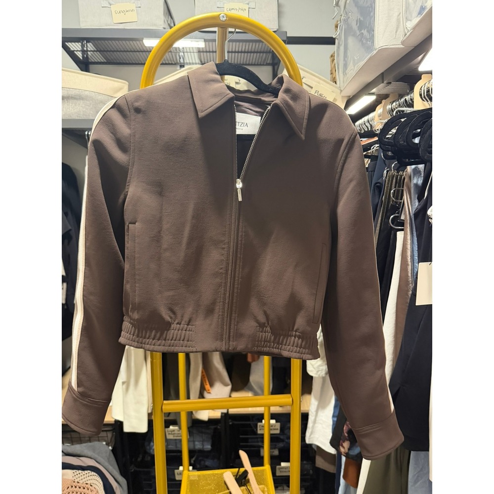 NWT Aritzia Jules Crepette Jacket Rich Mocha Brown Side Stripe Zip Up XS